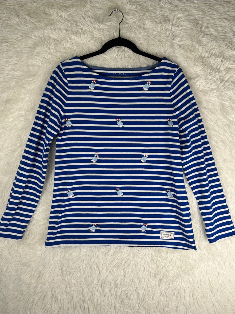 Talbots Blue & White Striped Embroidered French Bulldog Boatneck Shirt